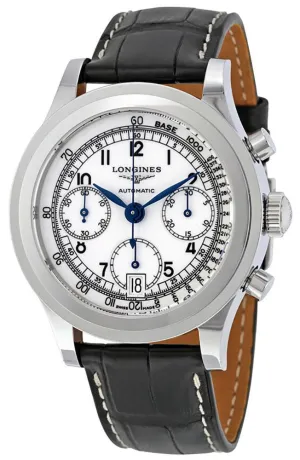 Longines Heritage Automatik Chronograph Edelstahl Schwarz Lederarmband Weißes Zifferblatt Datum Herrenuhr L2.768.4.13.2 Longines Uhren