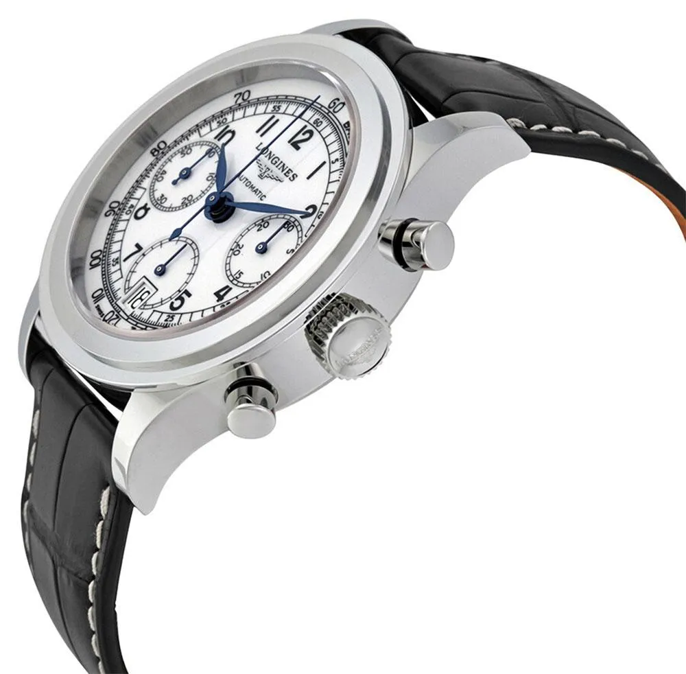 Longines Heritage Automatik Chronograph Edelstahl Schwarz Lederarmband Weißes Zifferblatt Datum Herrenuhr L2.768.4.13.2 Longines Uhren