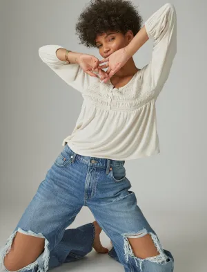 Lucky Brand Langarm-Smocked Sandwash Top Whitecap Grau Lucky Brand