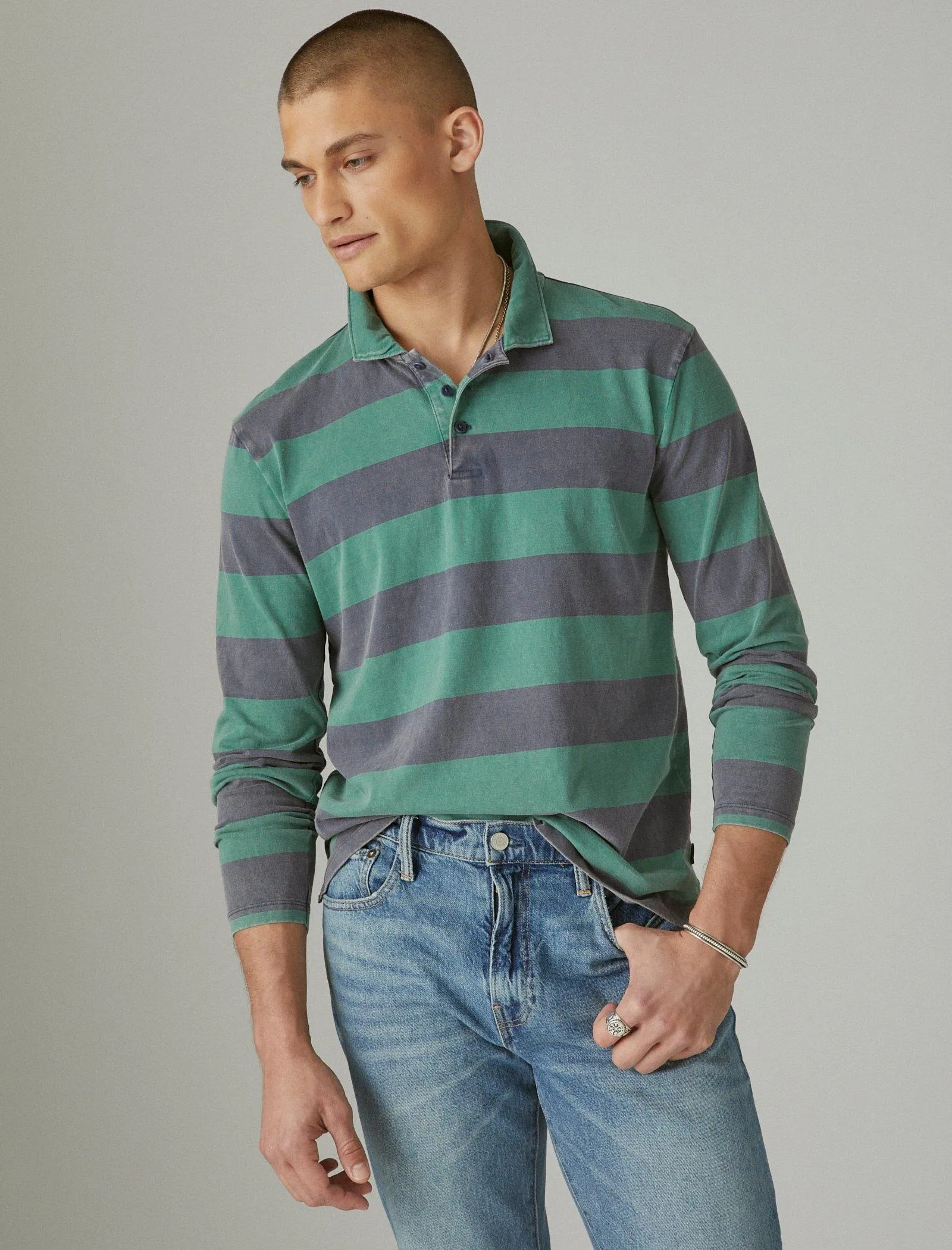 Lucky Brand Sueded Jersey Langarm Rugby Streifen Polo Multi Lucky Brand