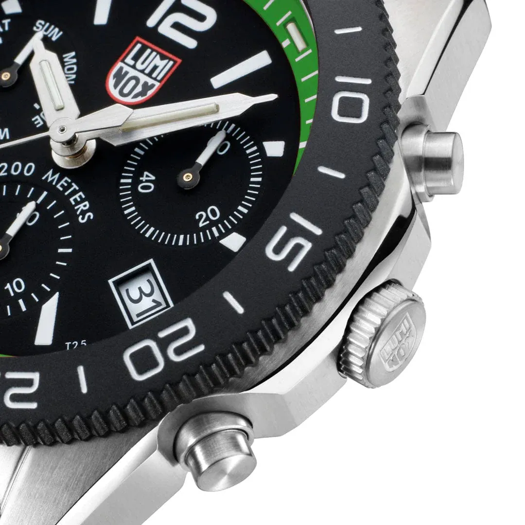 Luminox Pacific Taucher Chronograph Edelstahl Schwarz Zifferblatt Grünes Gummiarmband Tag/Datum Taucher Quarz Herrenuhr XS.3157.NF Luminox Uhren