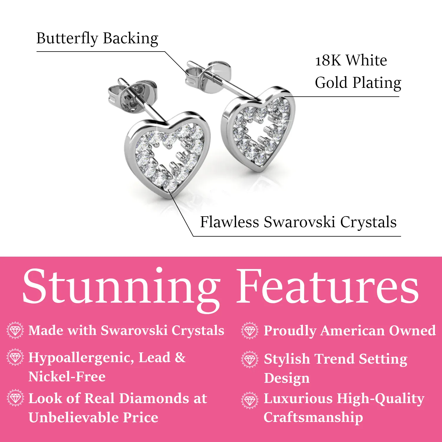 Luxus Swarovski Schmuck Ainsley 18k Weißgold plattierte Herz Ohrringe mit Swarovski Kristallen