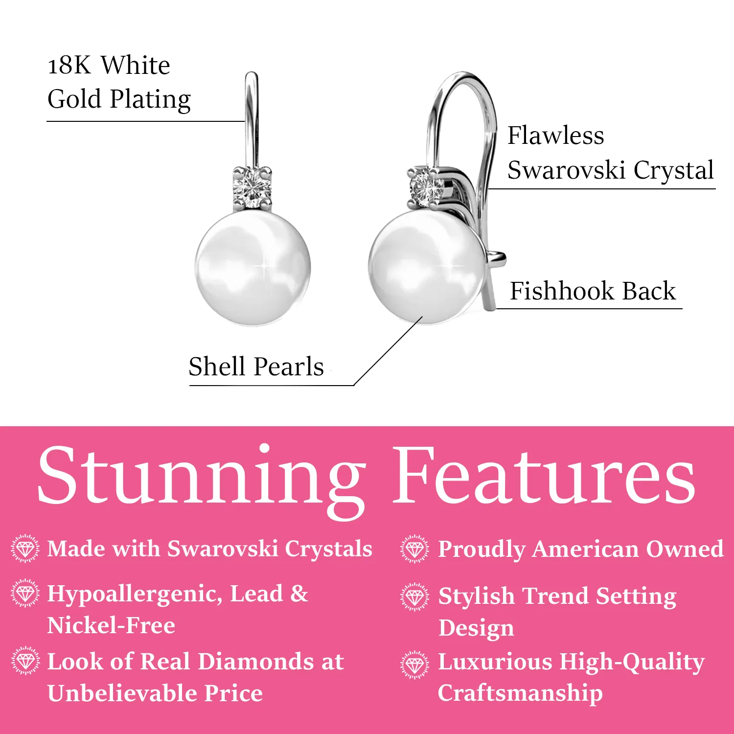 Luxus Swarovski Schmuck Cassie 18 Karat Weißgold plattierte Perlen Ohrringe mit Swarovski Kristallen
