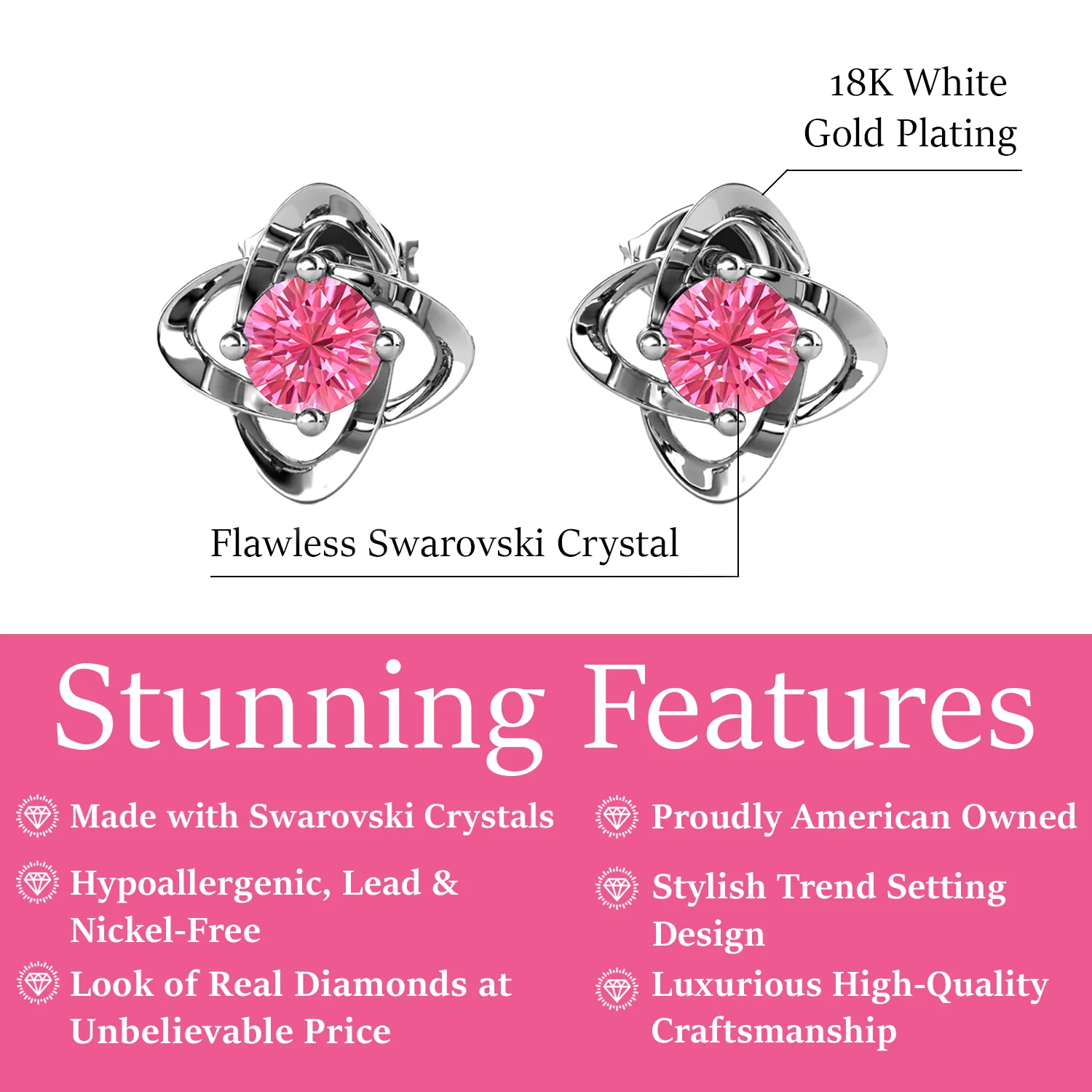 Luxus Swarovski Schmuck Unendlichkeits-Oktober-Geburtsstein Ohrringe aus rosa Turmalin 18k Weißgold beschichtetes Silber Geburtsstein Ohrringe mit Swarovski Kristallen