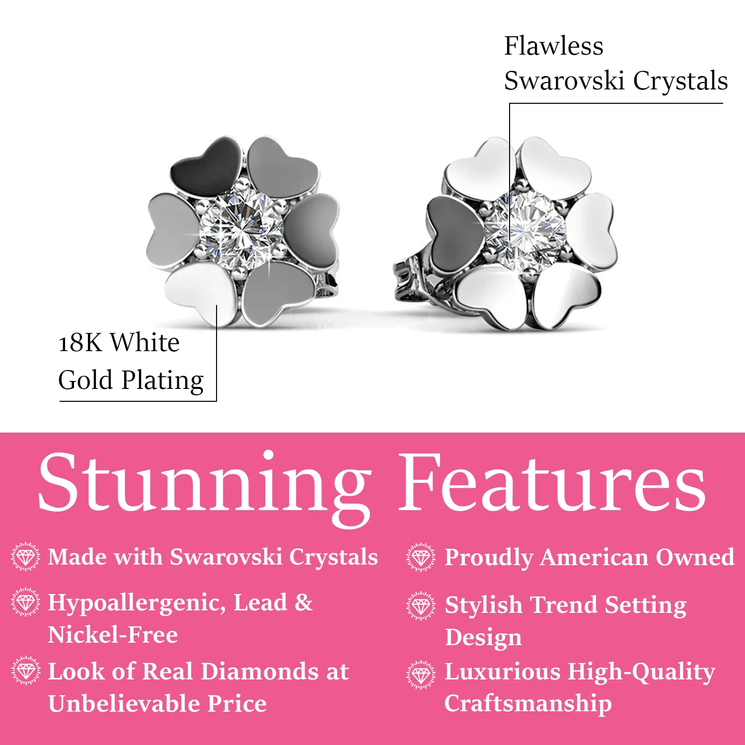 Luxe Swarovski Schmuck Khloe 18k Weißgold Herz Steckerohrringe mit runden Swarovski Kristallen