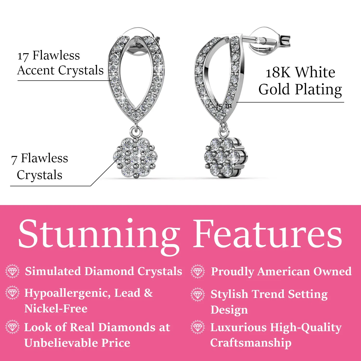 Luxus Swarovski Schmuck Megan Ohrstecker mit Anhänger aus 18 Karat Weißgold und Diamanten mit Swarovski Kristallen