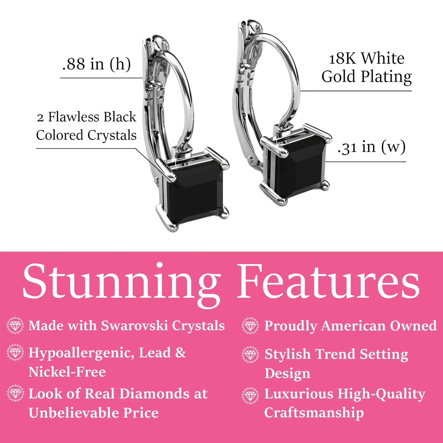 Luxus Swarovski Schmuck Samantha Ohrringe in 18 Karat Weißgold mit schwarzem Swarovski Kristall