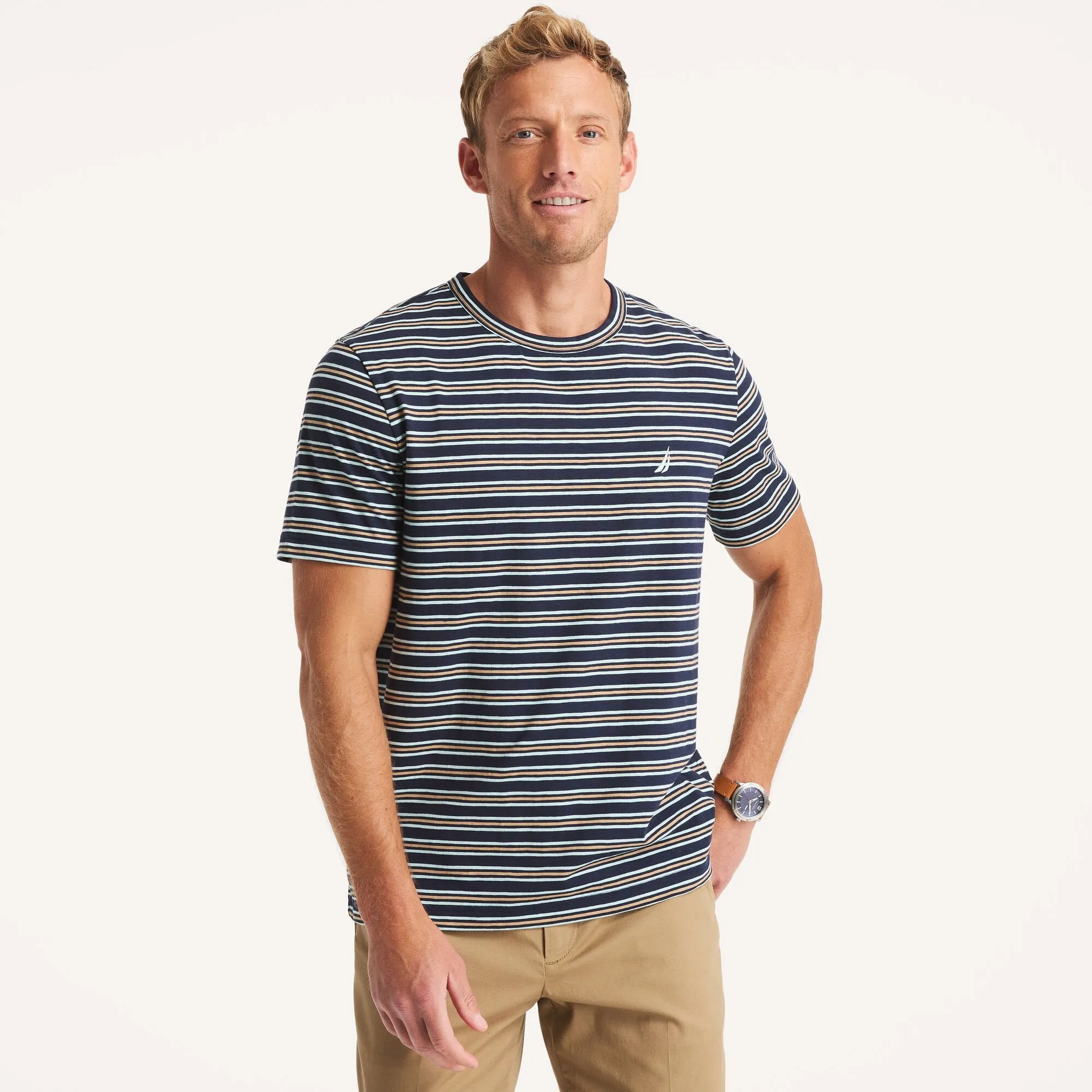 Nautica Herren gestreiftes Crewneck T-Shirt