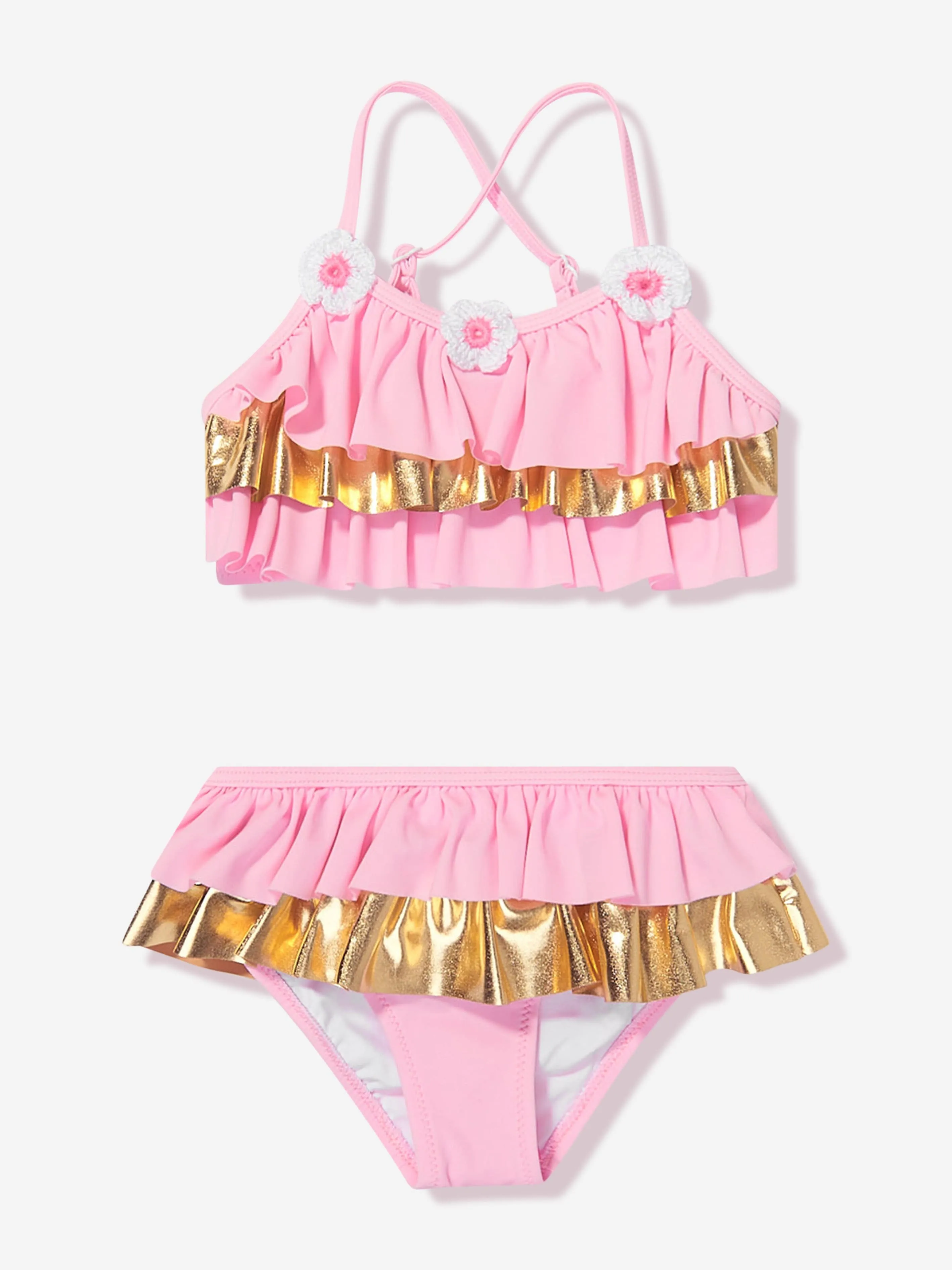 Nessi Byrd Mädchen Rüschen Häkelblumen Fluss Bikini in Rosa