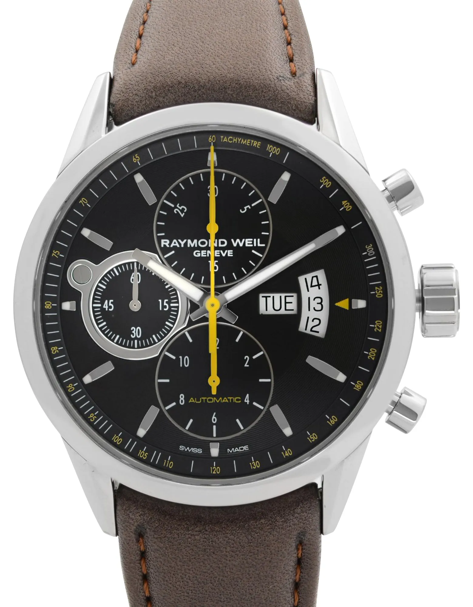 Raymond Weil Freelancer Automatik Chronograph Edelstahl Schwarz Zifferblatt Braun Lederarmband Tag/Datum Herrenuhr 7730-STC-20021 Raymond Weil Uhren