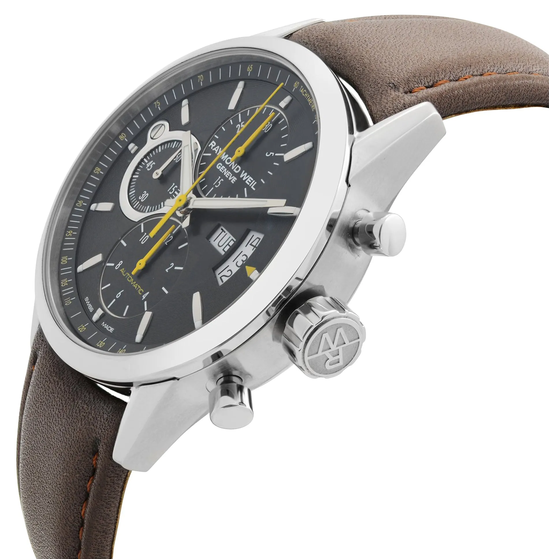 Raymond Weil Freelancer Automatik Chronograph Edelstahl Schwarz Zifferblatt Braun Lederarmband Tag/Datum Herrenuhr 7730-STC-20021 Raymond Weil Uhren
