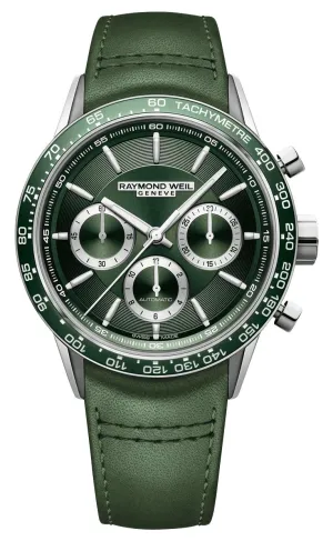 Raymond Weil Freelancer Automatik Chronograph Edelstahl Grünes Zifferblatt Grünes Lederarmband Herrenuhr 7741-SC7-52021 Raymond Weil Uhren