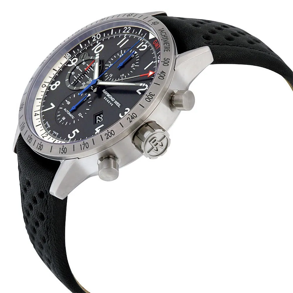 Raymond Weil Freelancer Piper Special Edition Automatische GMT Chronograph Titan Datum Schwarzes Leder Herrenuhr 7754-TIC-05209 Raymond Weil Uhren
