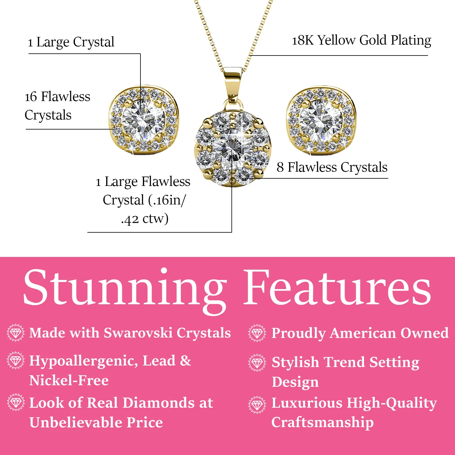 Ruth 18k Weißgold plattierte Steckerohrringe und Halskette Schmuckset mit Swarovski-Kristallen