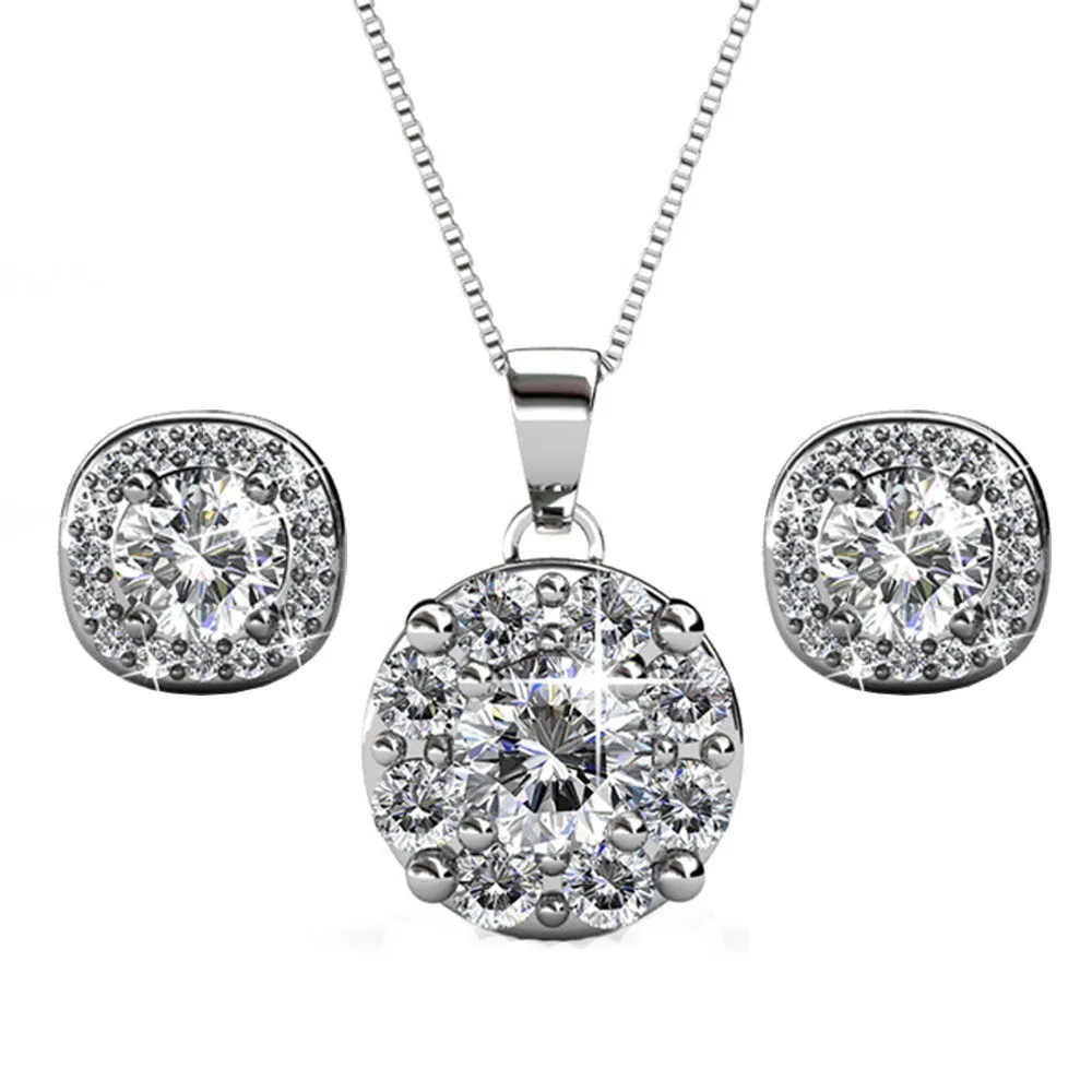Ruth 18k Weißgold plattierte Steckerohrringe und Halskette Schmuckset mit Swarovski-Kristallen