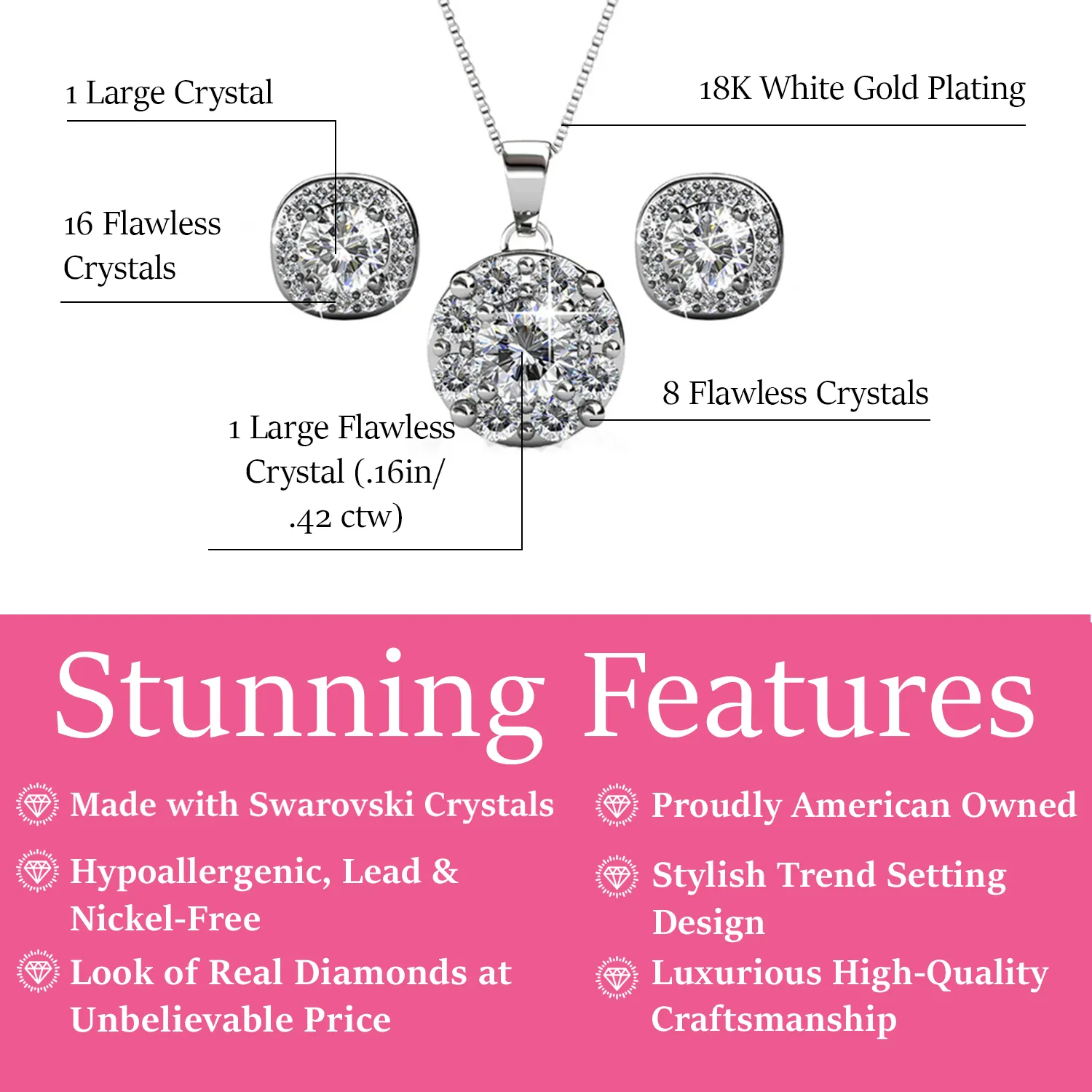 Ruth 18k Weißgold plattierte Steckerohrringe und Halskette Schmuckset mit Swarovski-Kristallen