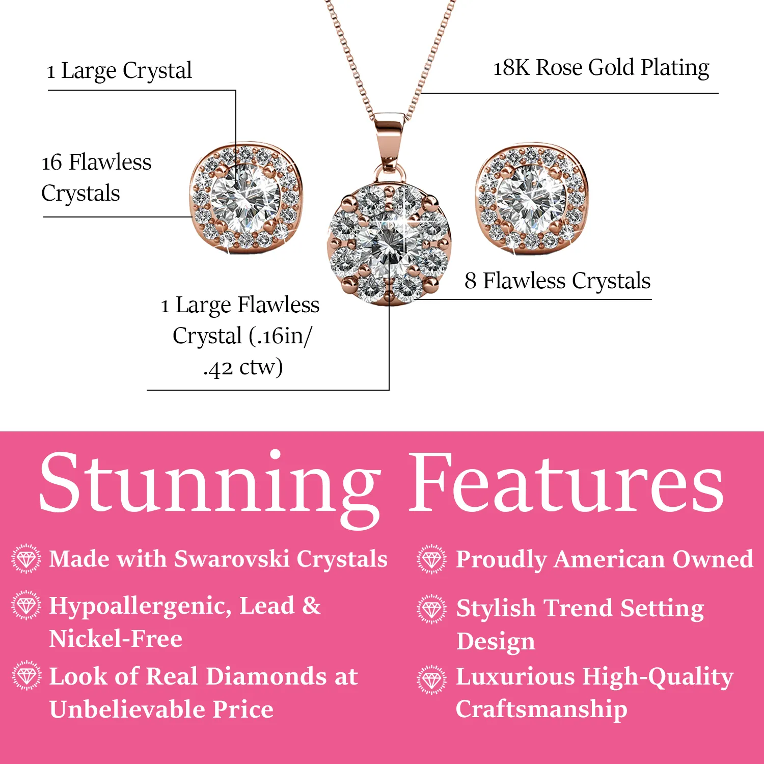 Ruth 18k Weißgold plattierte Steckerohrringe und Halskette Schmuckset mit Swarovski-Kristallen