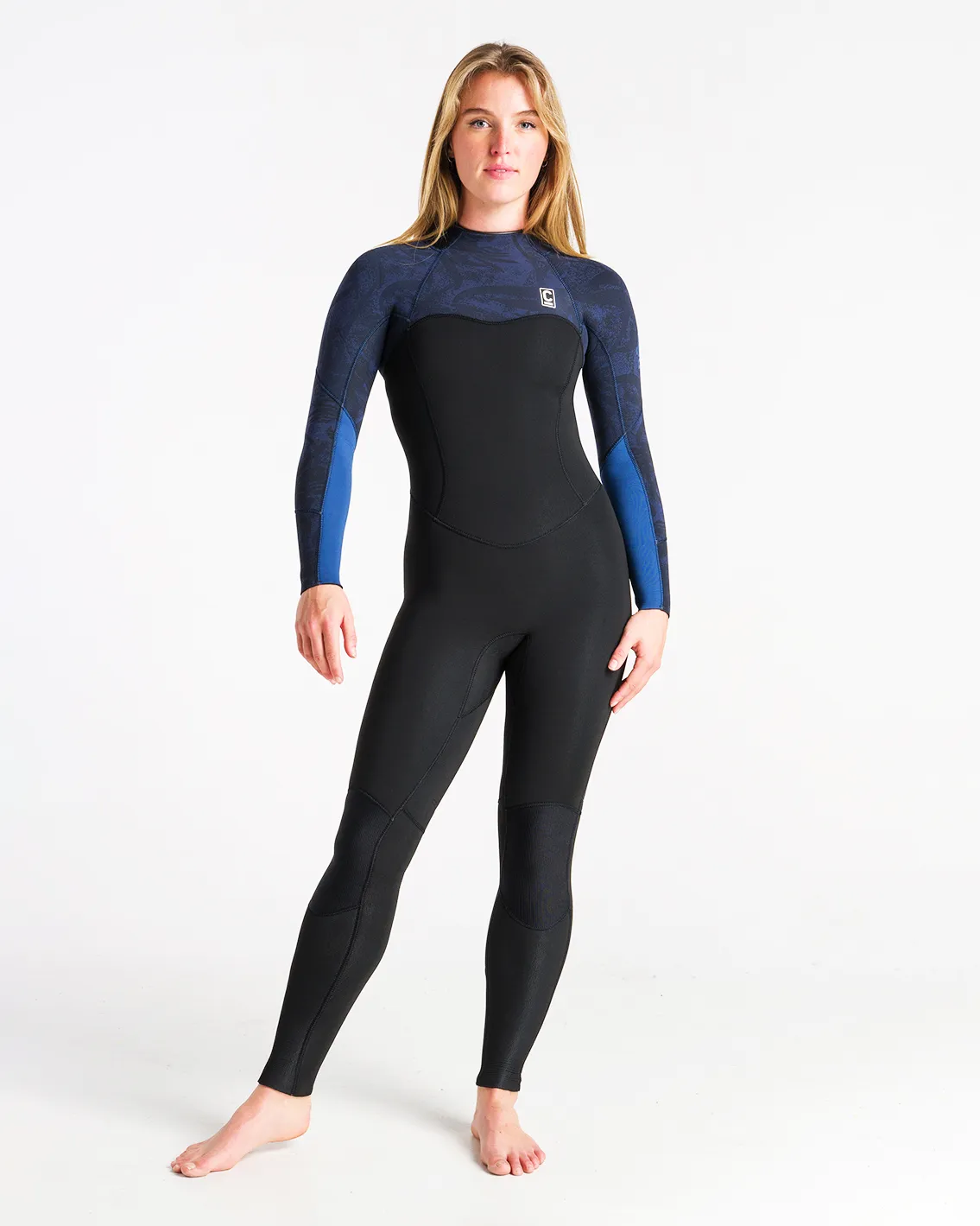 Solace 4/3mm Nassanzug mit Rückenzip in Schwarz, Blaustein Tropical & Cascade Blau
