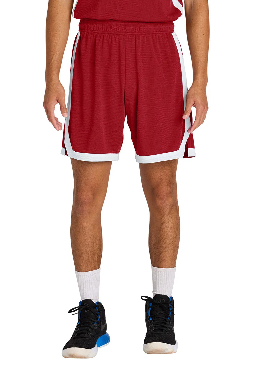 Sport-Tek Herren Rival Feuchtigkeitstransportierende Basketballshorts - Tiefrot/Weiß