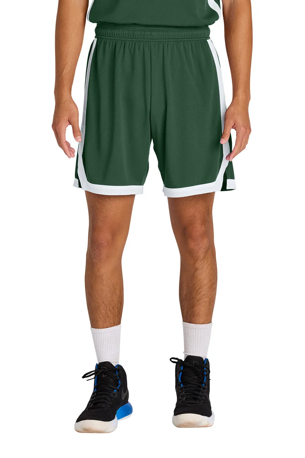 Sport-Tek Herren Rival Feuchtigkeitstransportierende Basketballshorts - Waldgrün/Weiß