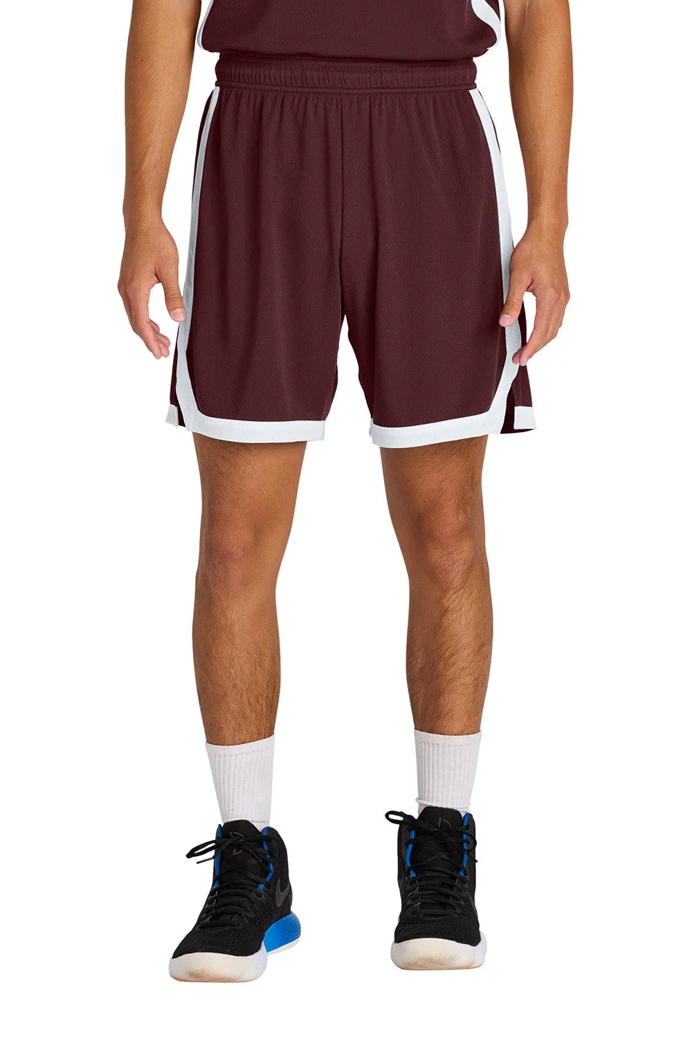 Sport-Tek Herren Rival Feuchtigkeitstransportierende Basketball-Shorts - Kastanienbraun/Weiß