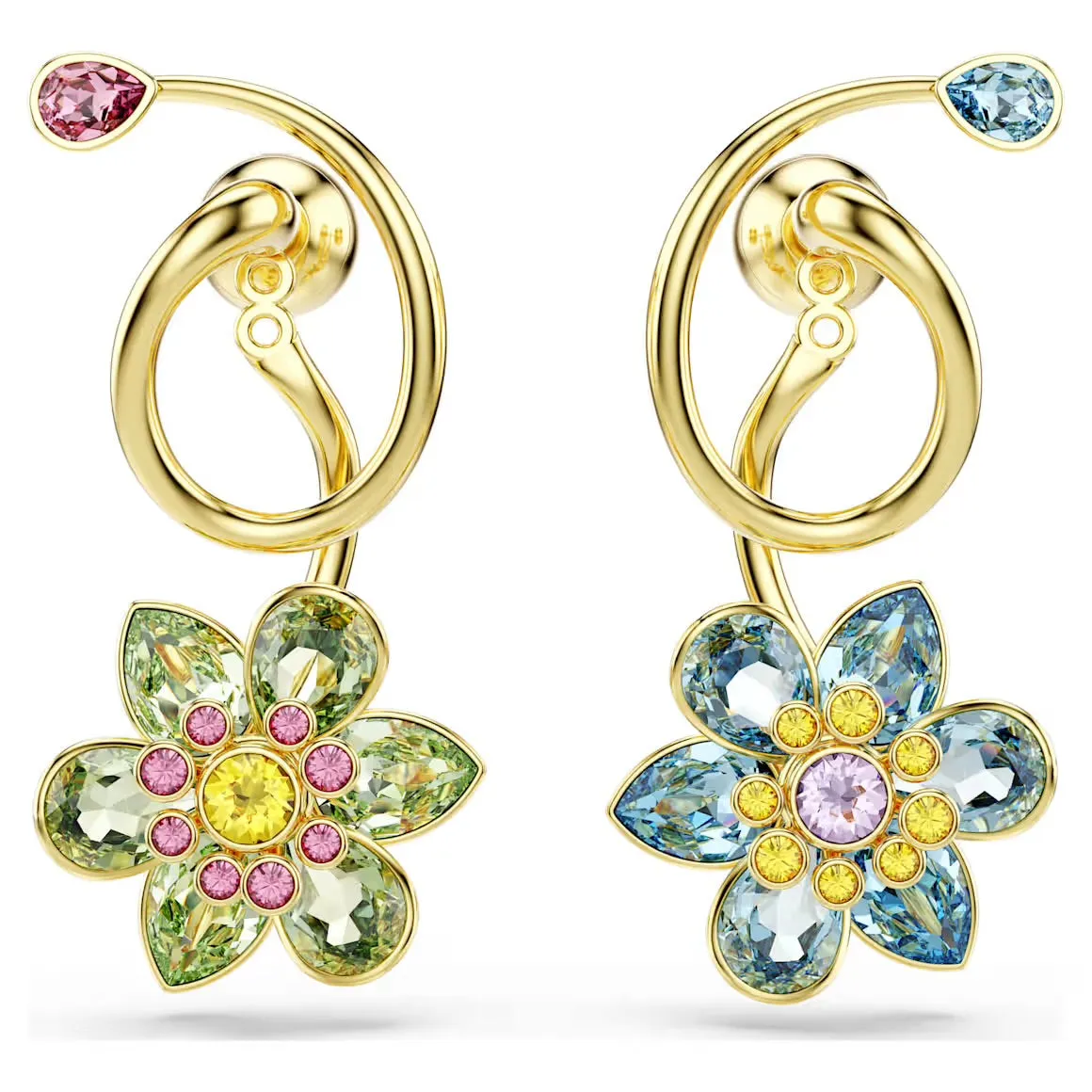 Swarovski Schmuck Idyllische Asymmetrische Mehrfarbige Blume Gemischte Schliffe Goldene Ohrringe