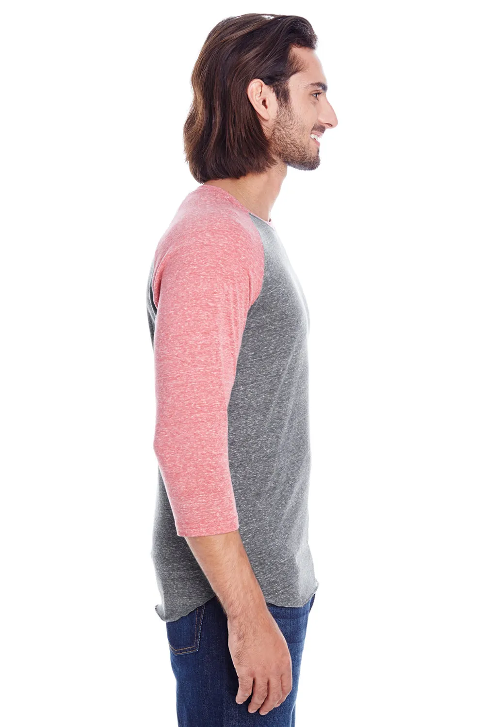 Threadfast Apparel Herren T-Shirt mit 3/4-Ärmel und Rundhalsausschnitt - Grau/Rot Bekleidung Threadfast-Apparel