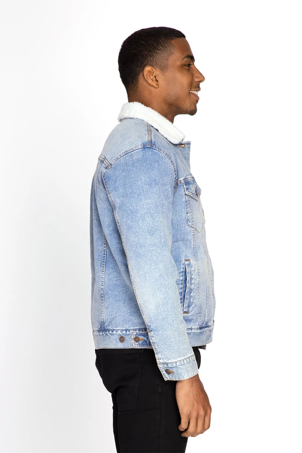 Threadfast Apparel Herren Denimjacke mit Sherpa-Futter und Knopfleiste - Hellblau