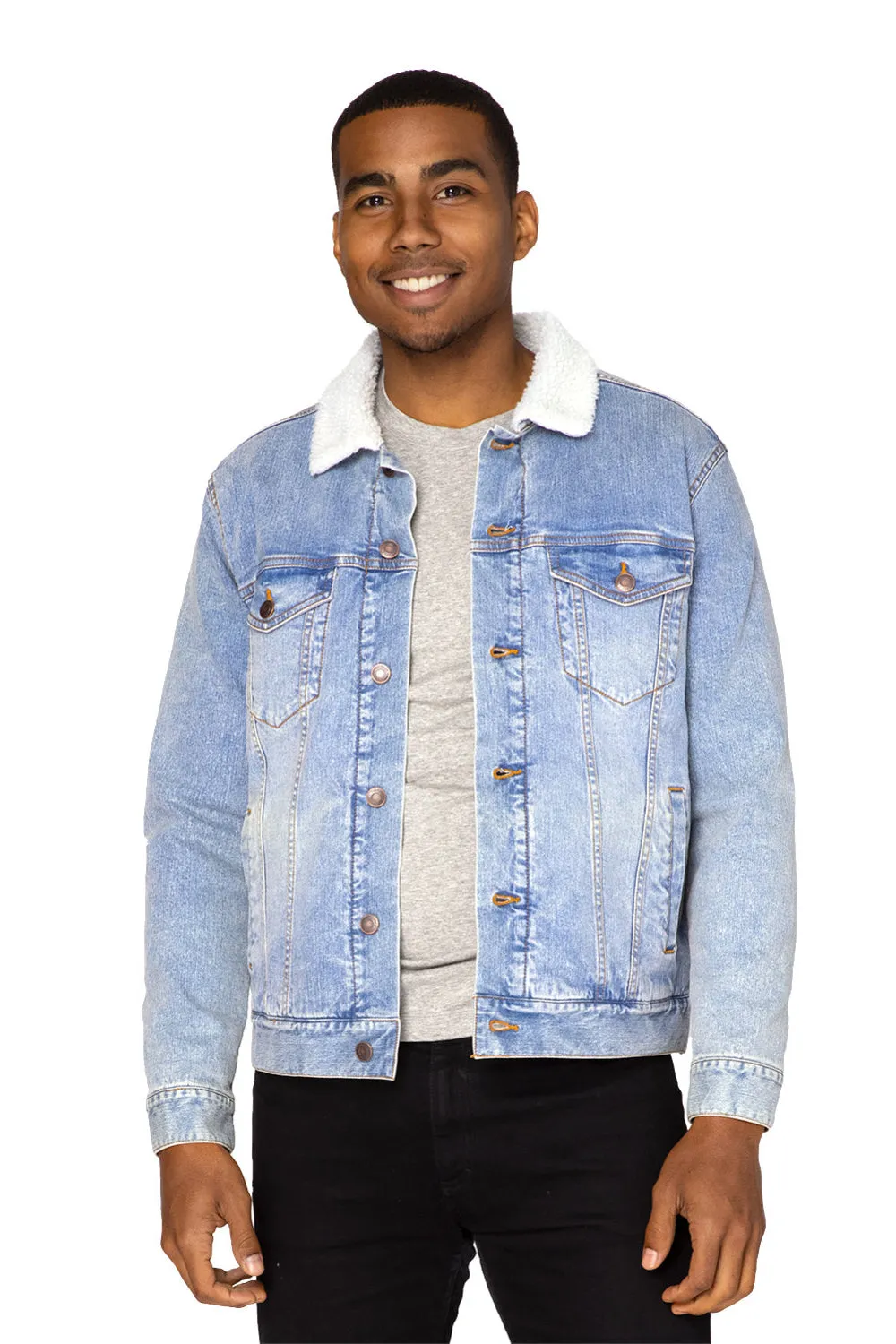 Threadfast Apparel Herren Denimjacke mit Sherpa-Futter und Knopfleiste - Hellblau