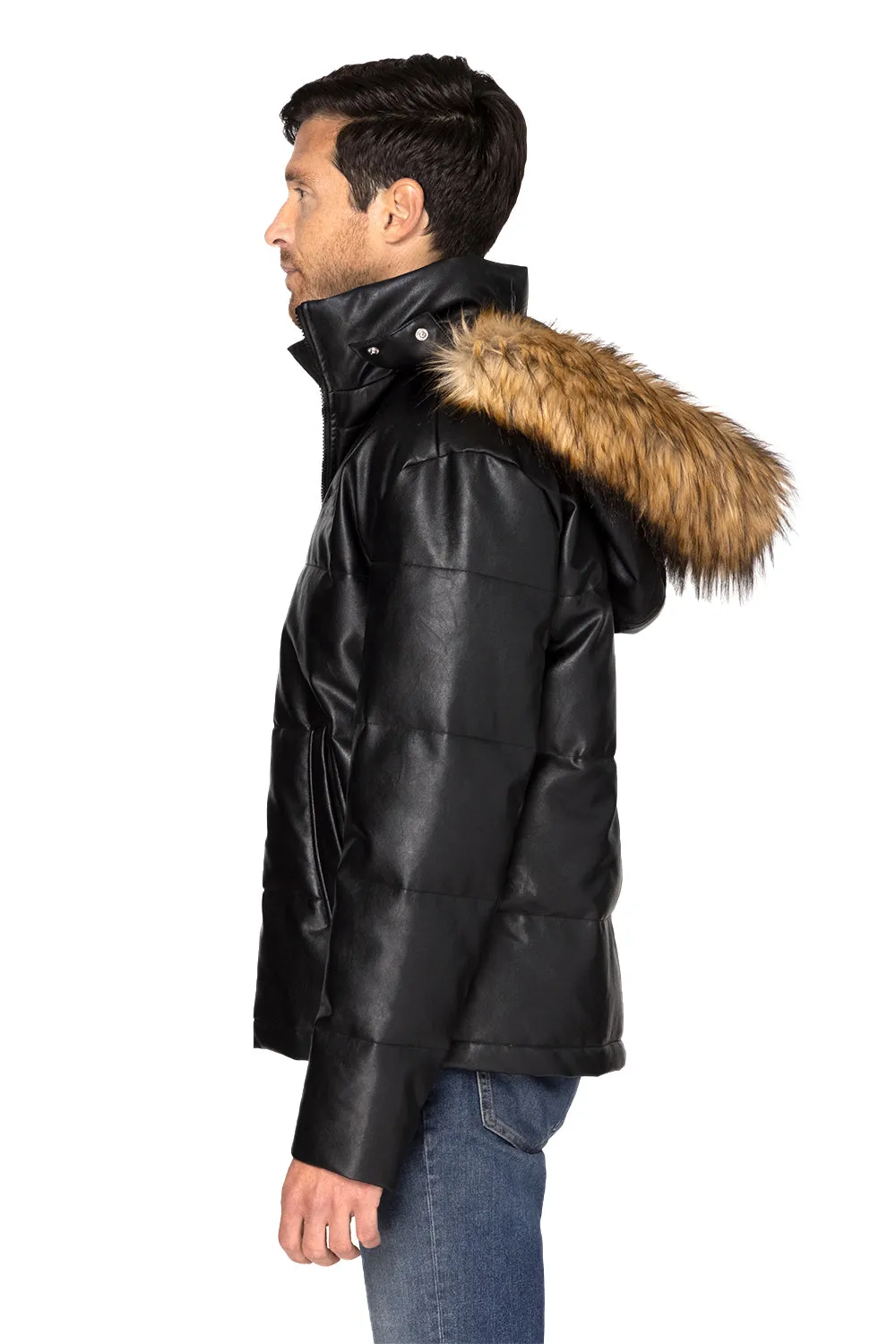 Threadfast Apparel Herren Vegan Leder Full Zip Kapuzen Steppjacke - Schwarz Bekleidung Threadfast-Apparel