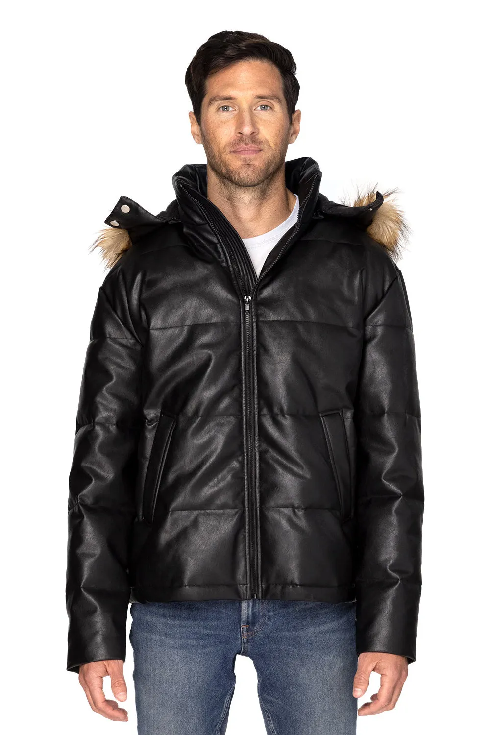 Threadfast Apparel Herren Vegan Leder Full Zip Kapuzen Steppjacke - Schwarz Bekleidung Threadfast-Apparel