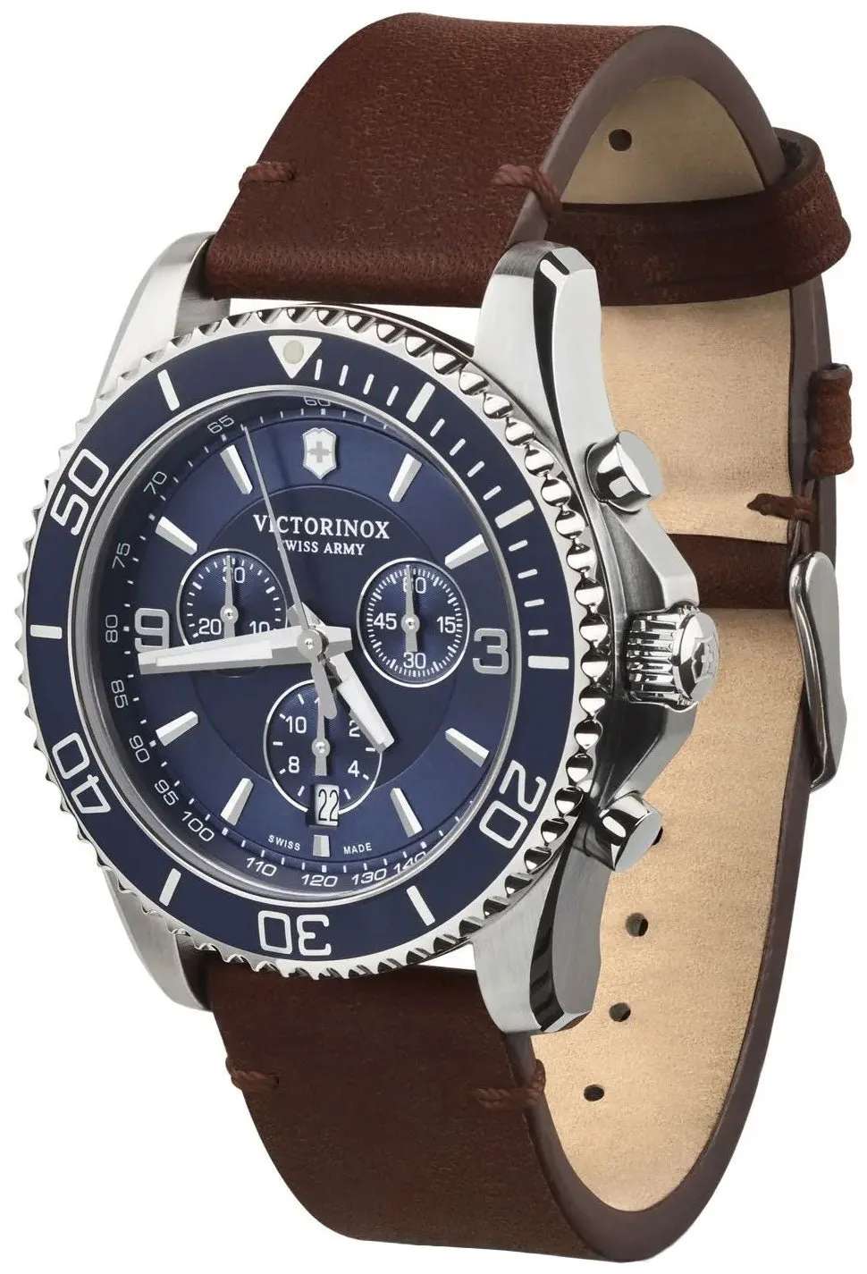 Victorinox Swiss Army Maverick Chronograph Edelstahl Braunleder Blaues Zifferblatt Datum Herrenuhr 241865 Victorinox Swiss Army Uhren