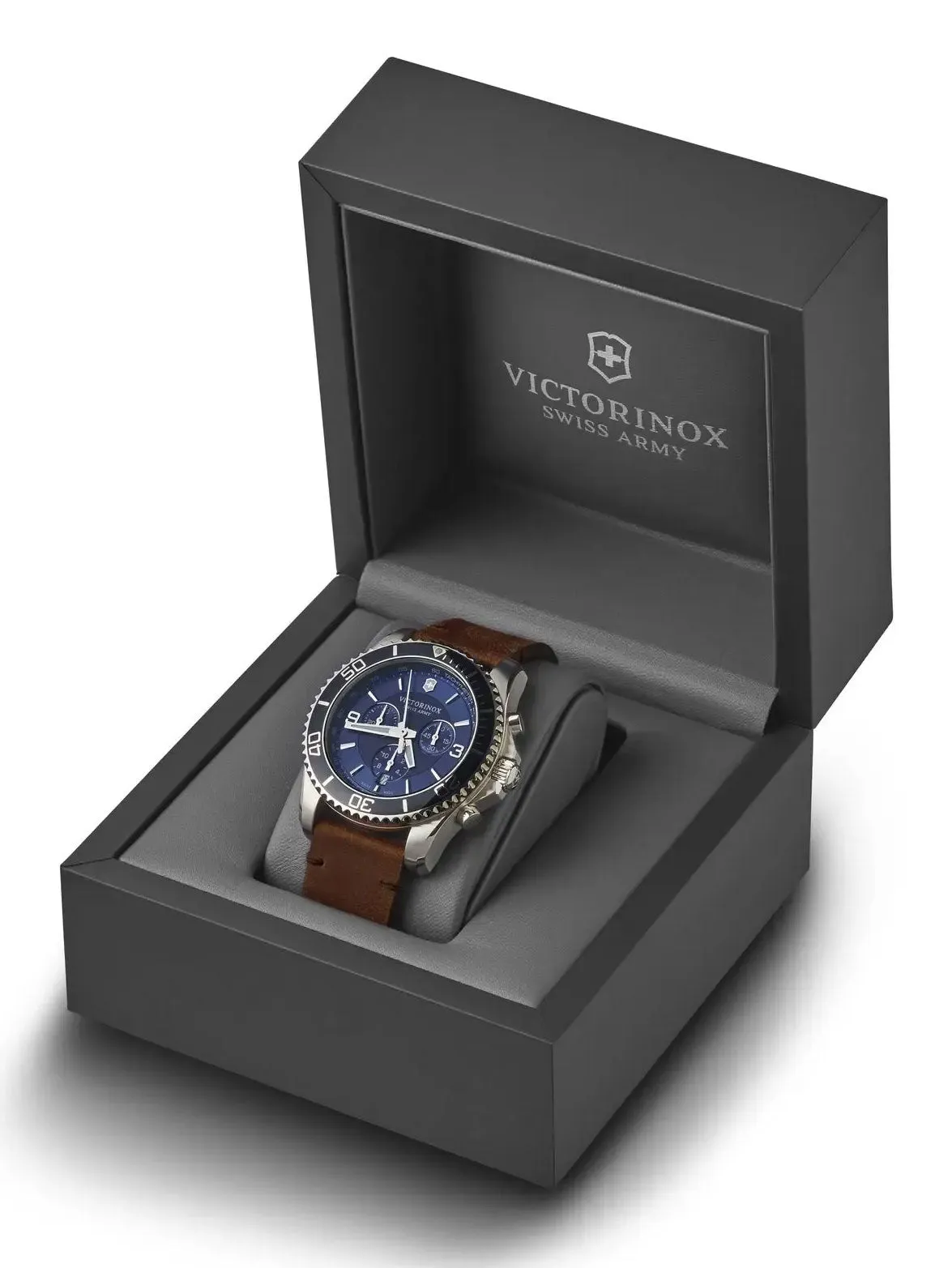 Victorinox Swiss Army Maverick Chronograph Edelstahl Braunleder Blaues Zifferblatt Datum Herrenuhr 241865 Victorinox Swiss Army Uhren