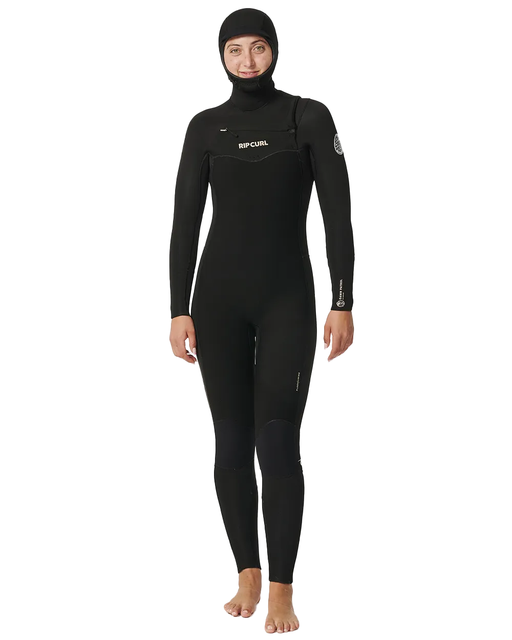 Damen Dawn Patrol 5/4mm Kapuzen-Neoprenanzug mit Frontreißverschluss in Schwarz