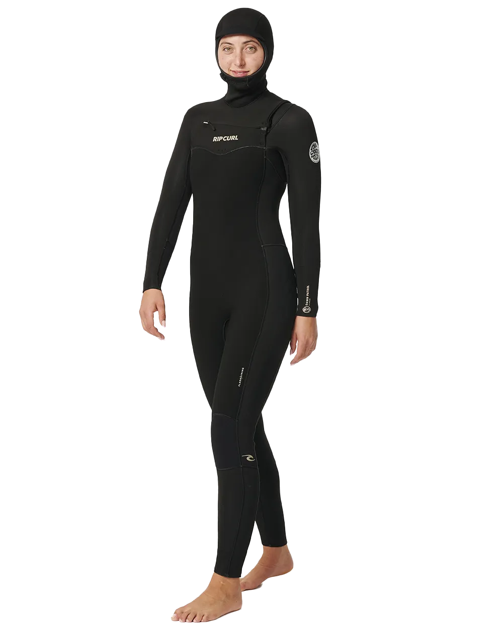 Damen Dawn Patrol 5/4mm Kapuzen-Neoprenanzug mit Frontreißverschluss in Schwarz
