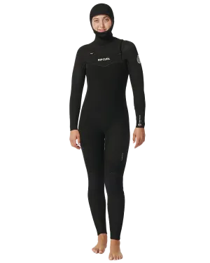 Damen Dawn Patrol 5/4mm Kapuzen-Neoprenanzug mit Frontreißverschluss in Schwarz